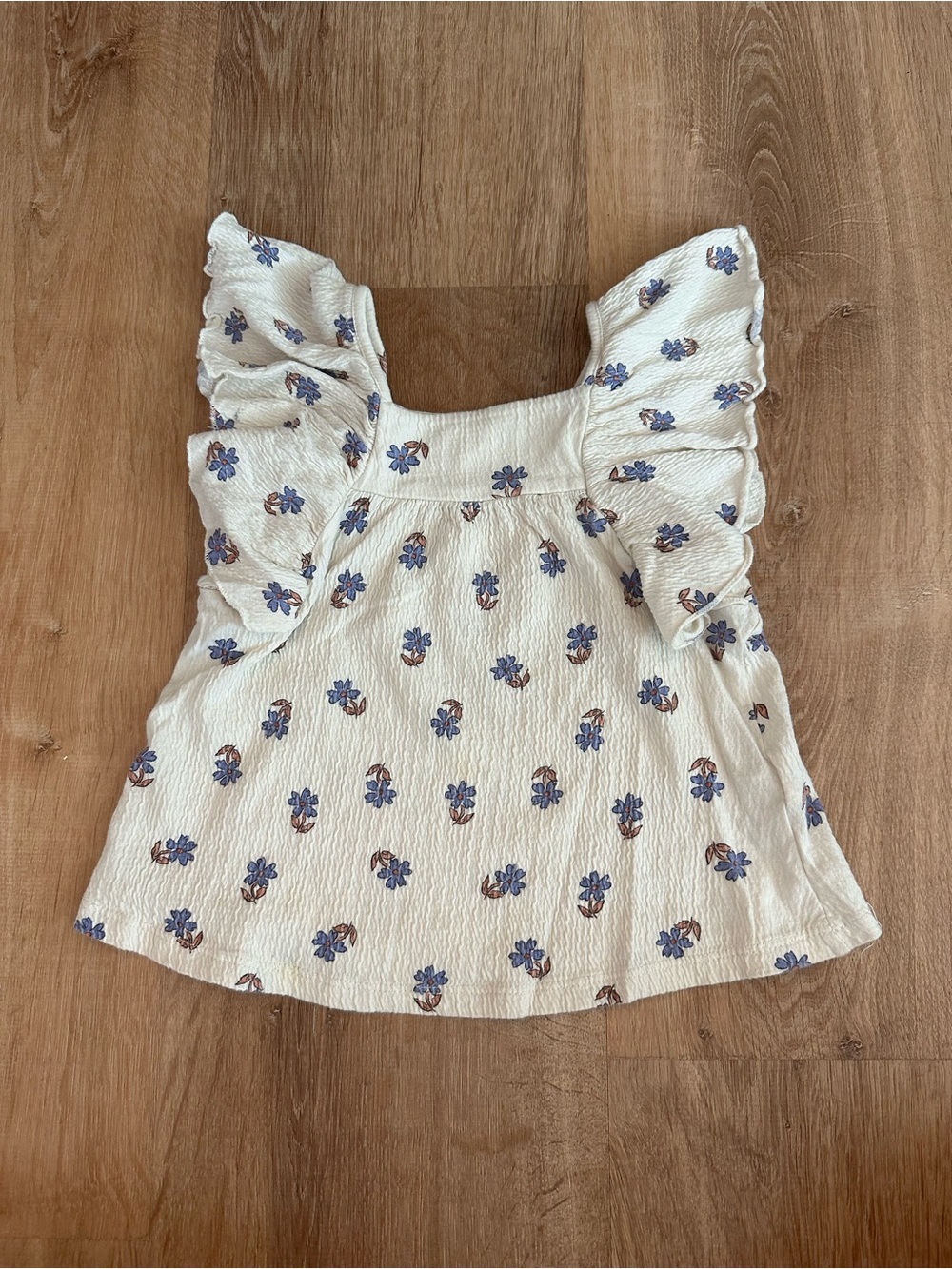 Zara White Top with Blue Floral Print and Ruffle Sleeves
